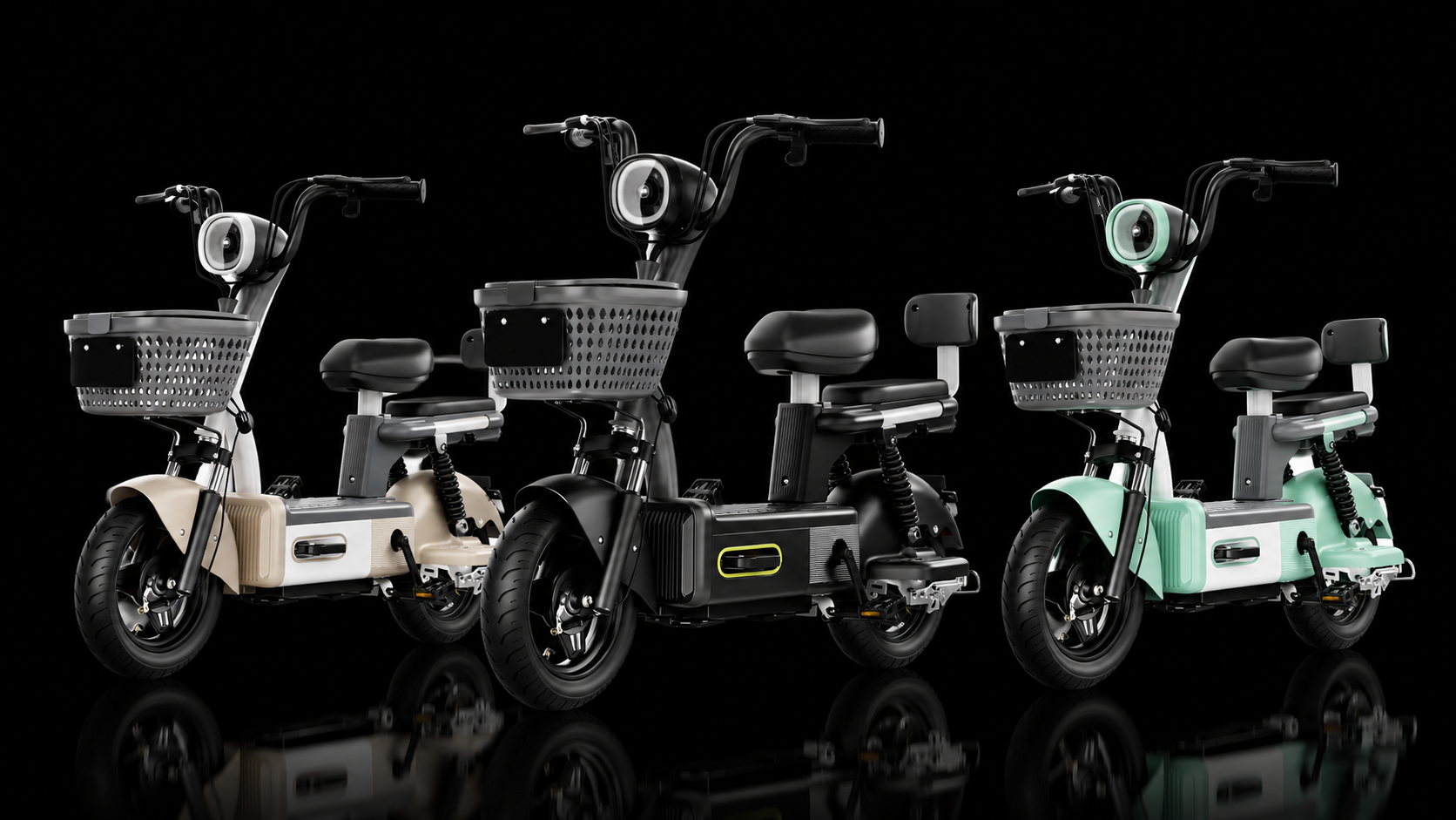 Scooters elétricas GreenMove nas cores Champagne, Preto Noir e Verde Menta